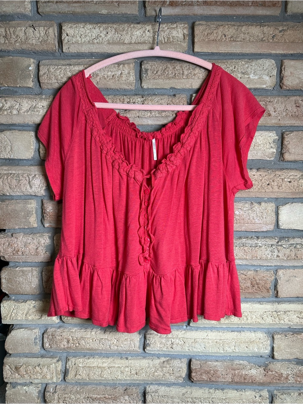 Free People Coral Pink Ruffled Peplum Scoop Neck Top Size M
